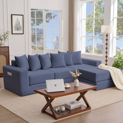 10-In-1 Convertible Sofa Sectional,Corner Couch, Convertible Floor Sleeper Sofa (Converts To Bed),Corduroy Fabric Upholstered,Side Pocket,Diy,L Shaped Modular Sofa,6 Pillows