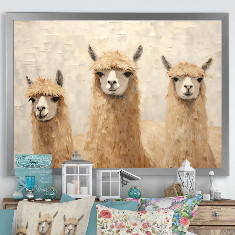 Minimalisme, Alpagas mignons sur toile, Cadre simple argenté, H 34 po x l 44 po x P 1,5 po