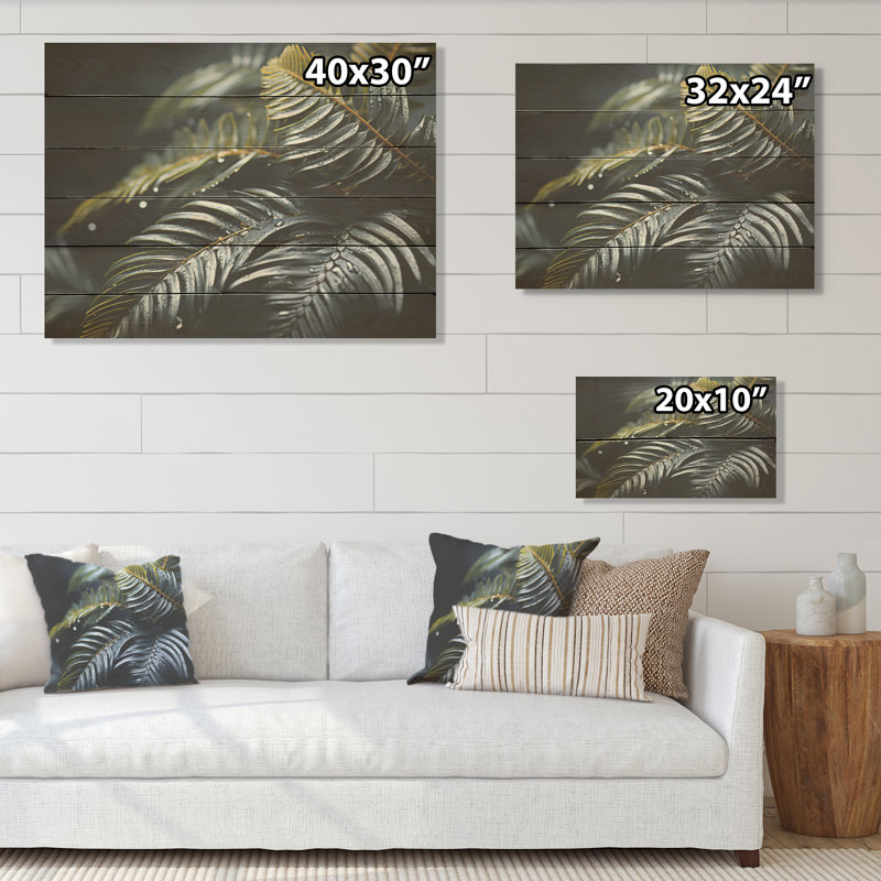 Fern Fronds In Green - Plants Wood Art On Natural Pine Wood, 24" H x 32" W