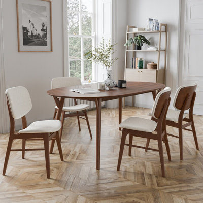 Ensemble de salle à manger ovale en bois avec pieds inclinés en noyer et beige