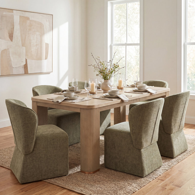 Ensemble de table de salle à manger 6 personnes Aurelio avec chaises rembourrées et plateau en bois, Light Ash, Olive Green
