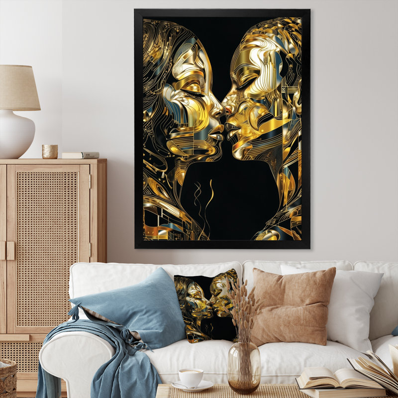 Acrylique Couple qui s'embrasse III - Impression sur toile de marbre abstrait, Impression noire sur toile encadrée