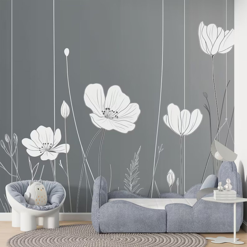 Papier peint minimaliste à motif floral gris, L 96 po x l 108 po