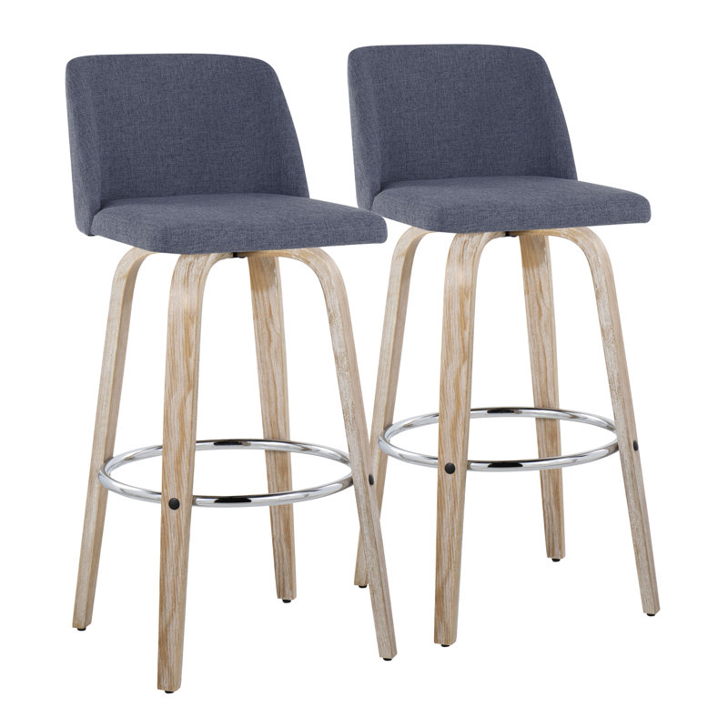 Toriano Swivel Upholstered Counter Stool, Blue Polyester Blend, White Washed/Chrome, Bar Stool (29.5" Seat Height)