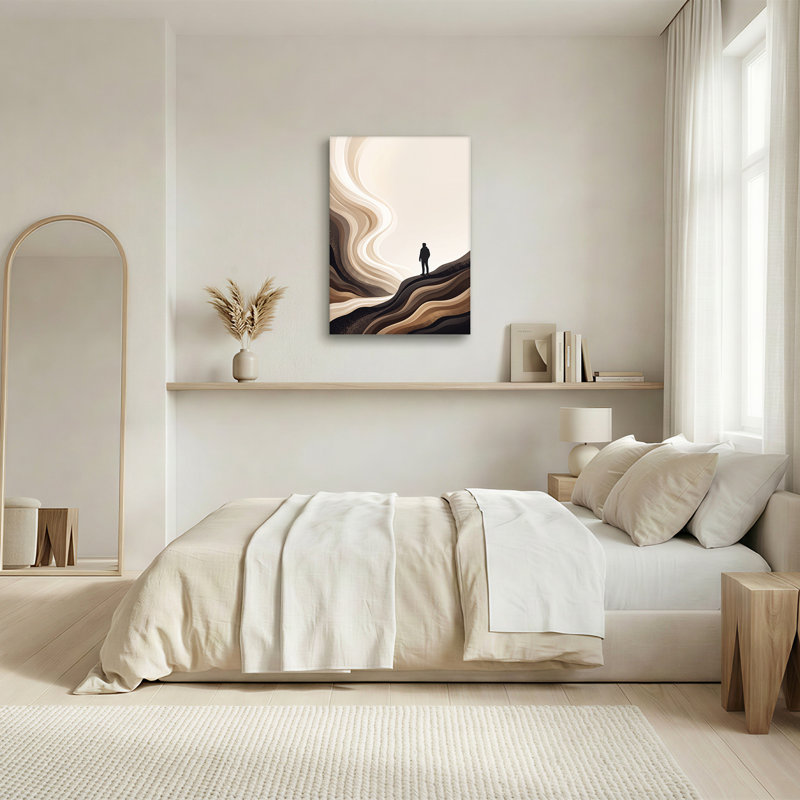 Silhouette noire d'homme sur toile abstraite ondulée beige et brune, 36"H x 24"W