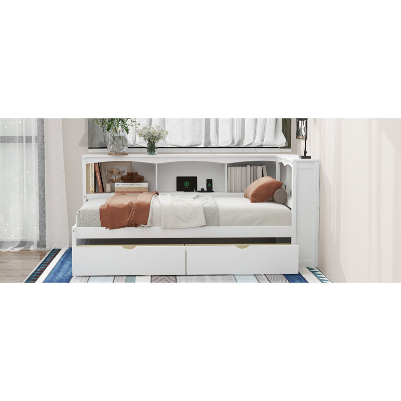 Lit de jour simple avec deux boîtes de rangement, connexions et prises de courant, Blanc