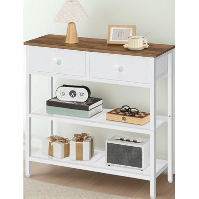 Narrow Console Table With 2 Fabric Drawers And 3-Tier Storage Shelves, Sofa Table For Living Room, Entryway Table With Open Shelves And Durable Metal Frame