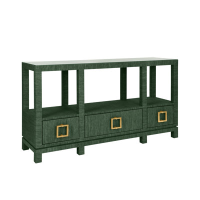 Open Shelf Console With Three Bottom Drawers And Square Satin Brass Hardware In Dyed Green Grasscloth