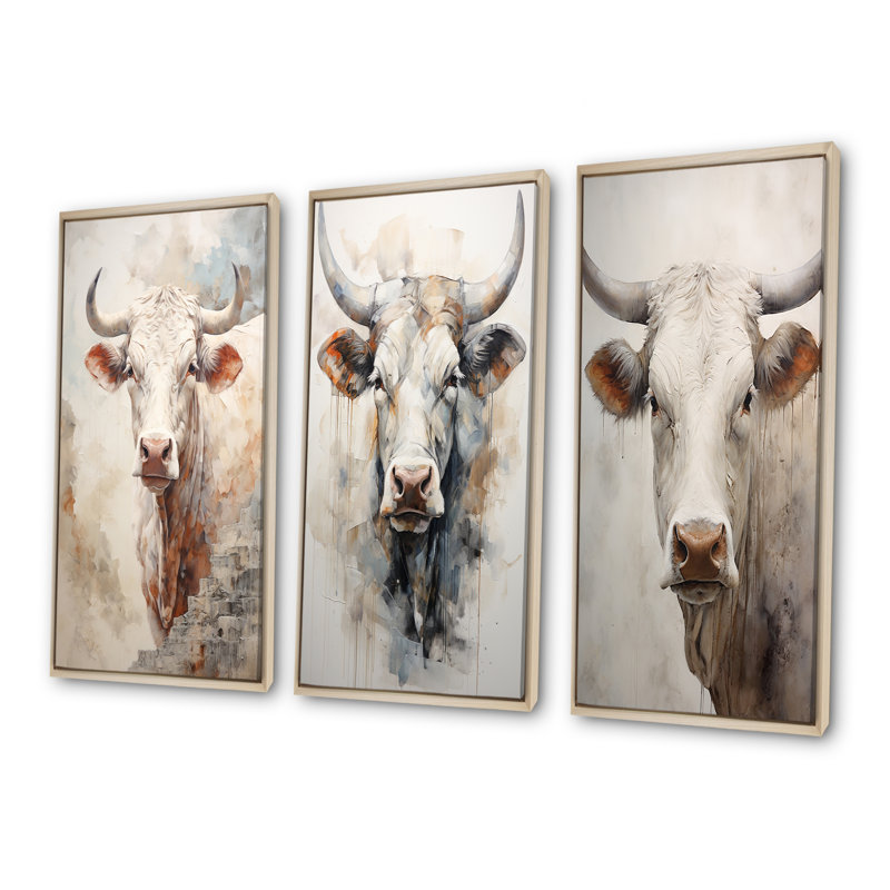 Beau portrait de bovin beige, H 40 po x l 60 po, Cadre flottant brun