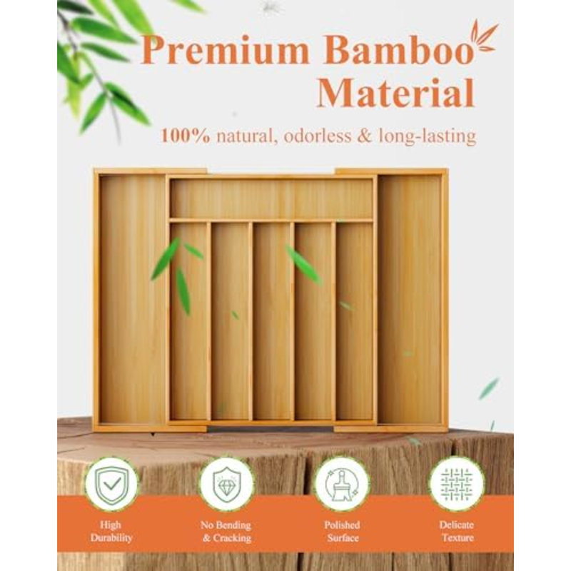 Grand organisateur de couverts en bambou - Organisateur de tiroir extensible pour ustensiles, couverts et couverts, solution de rangement de cuisine avec 6 à 8 fentes, naturel, 19,4 po x 13,1 po x 1,8 po