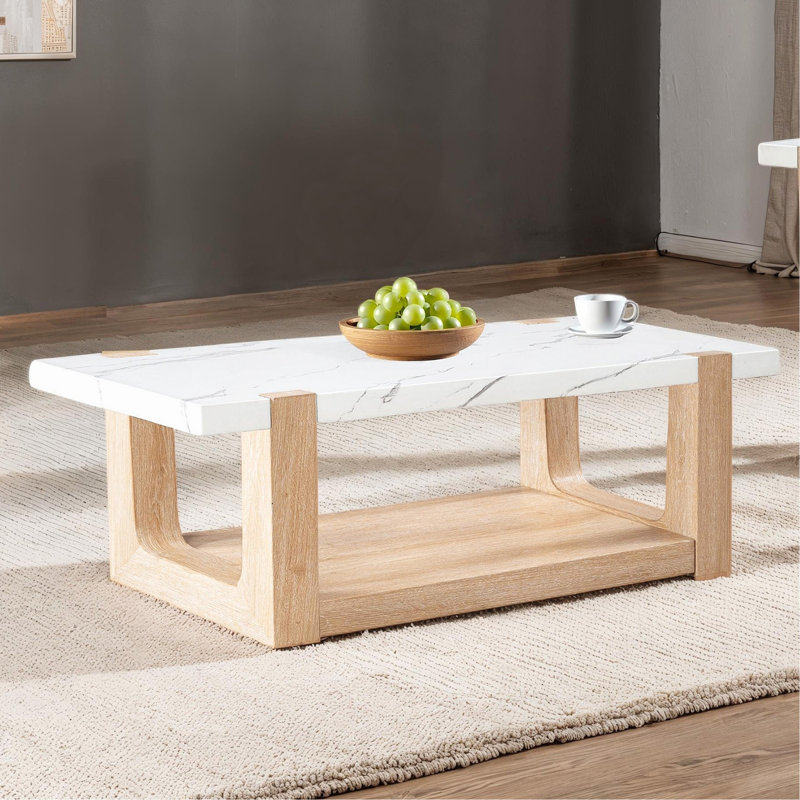 Table basse, salon contemporain moderne 1 pièce avec plateau en faux marbre et deux tons au fini naturel et blanc
