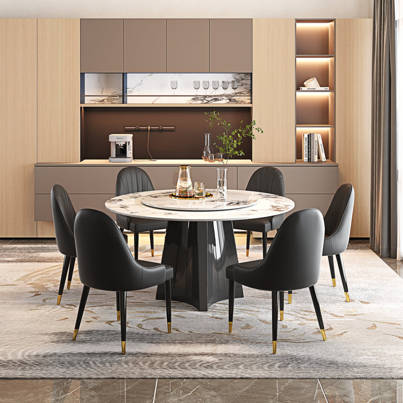 51'' Round Dining Table Set, Modern Faux Marble Table With Lazy Susan And Dining Chairs For 6 Person, Patek Philippe, Black
