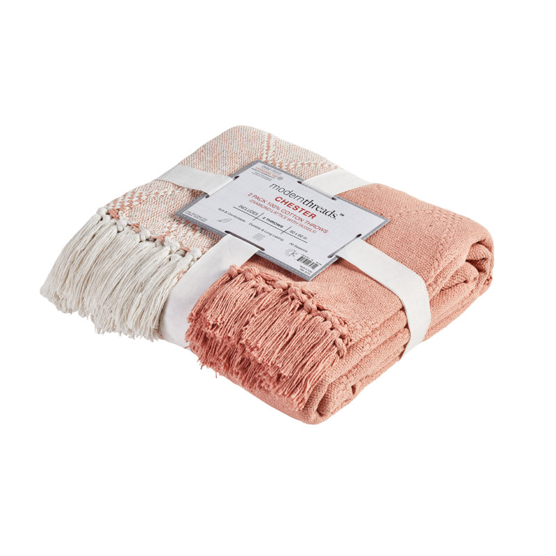 Coral Crème Knitted Cotton Reversible Throw Blanket, 50" x 60", Pack of 2