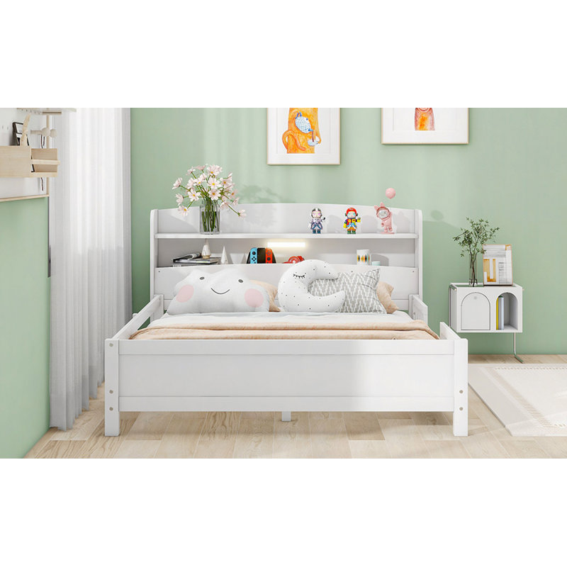 Lit plateforme en bois avec éclairage à DEL intégré, tête de lit avec rangement et garde-corps, Lit double