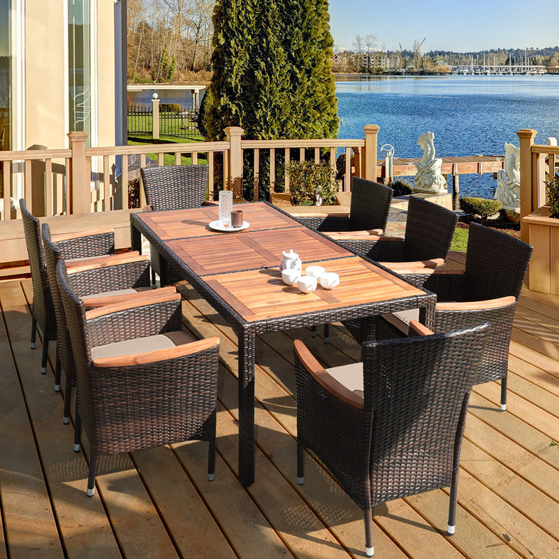 Uppsala 8 - Person Acacia Patio Dining Set with Rectangular Table , Cushions Included, Off White