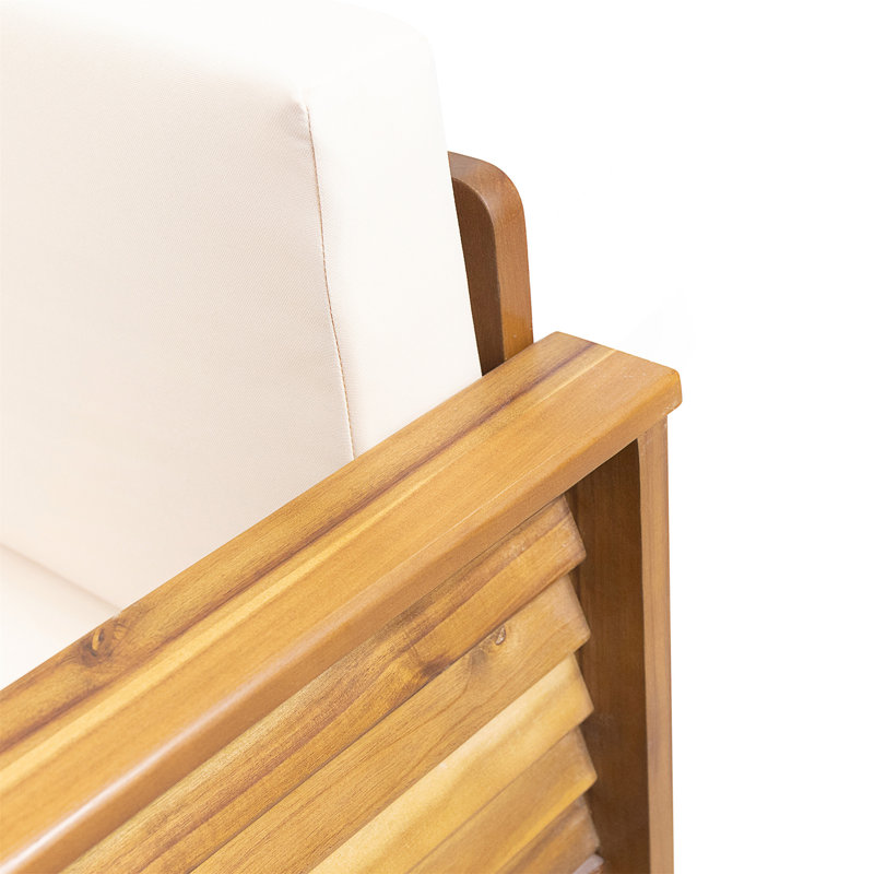 Ensemble de causeuse et table basse en teck et bois d'acacia avec coussins crème