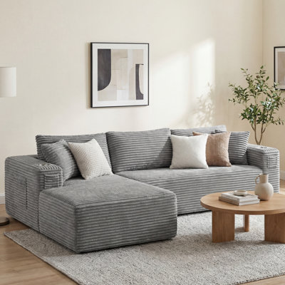 108" Modern L-Shaped Compression Sectional Sofa With Chaise Deep Seat Corduroy Upholstered Couch