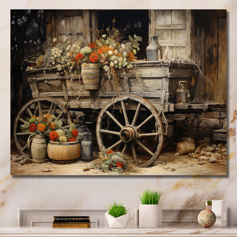 «Grey Old Cart Of Flowers I» - impressions sur toile de vieux chariot américain, H 34 po x l 44 po x P 1,5 po, Toile tendue
