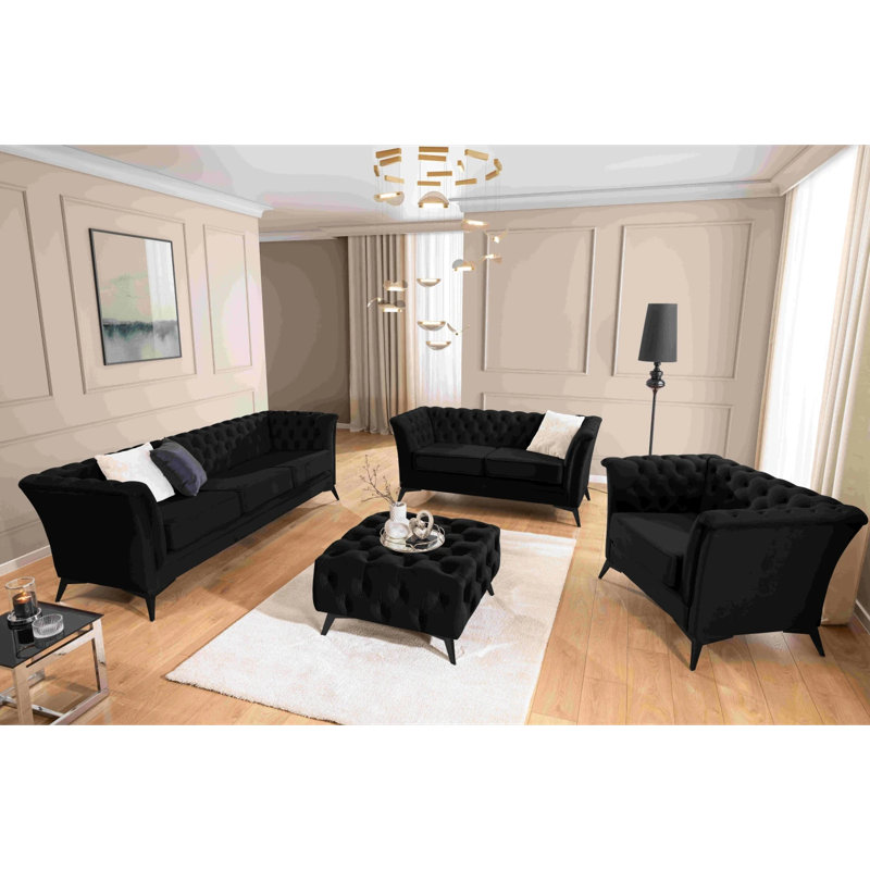 Whitby 3 - Piece Velvet Living Room Set, Black, Black