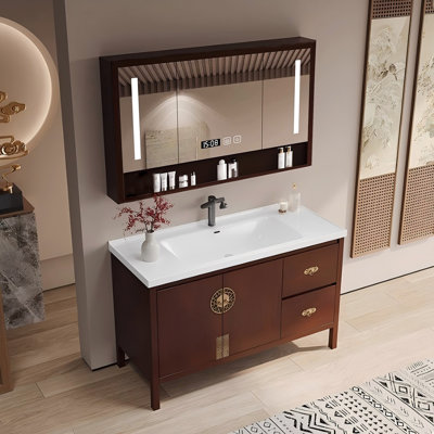 40.16"Solid Wood Rubberwood Freestanding Bathroom Washbasin Vanity With a Mirror Cabinet