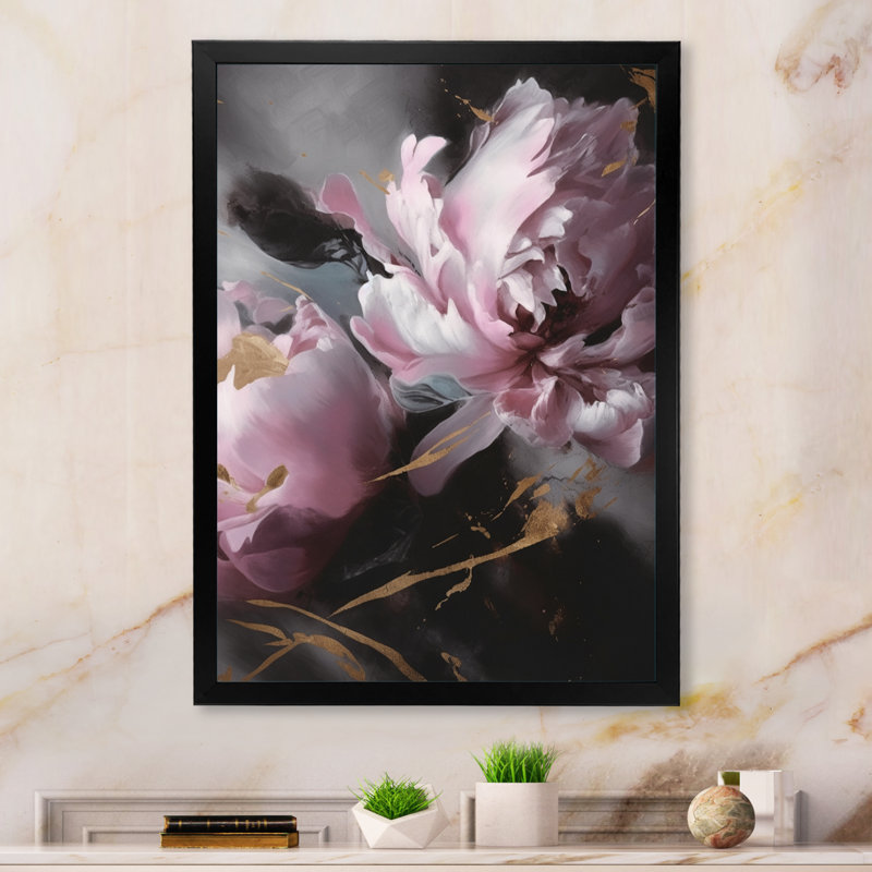 Harmonieux rose gris pivoine I - impressions d'art pivoines florales, Cadre photo noir, L 12 po x H 20 po