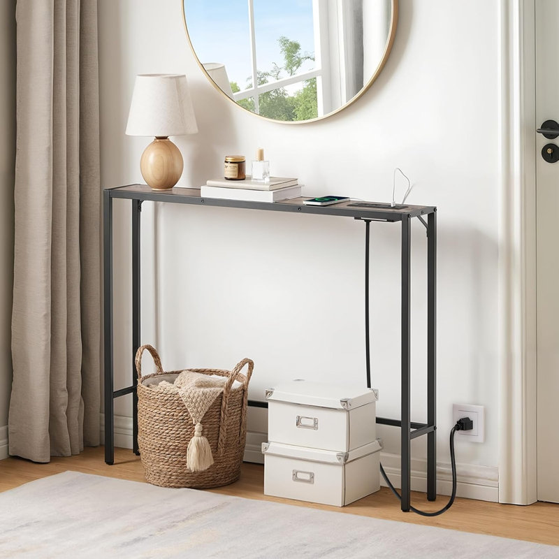 Narrow Console Table With Charging Station - Slim Sofa Table For Small Spaces, Built-In Power Outlets, Sturdy Engineered Wood & Metal Frame, Multi-Functional Entryway Table For Living Room, Hallway, Office