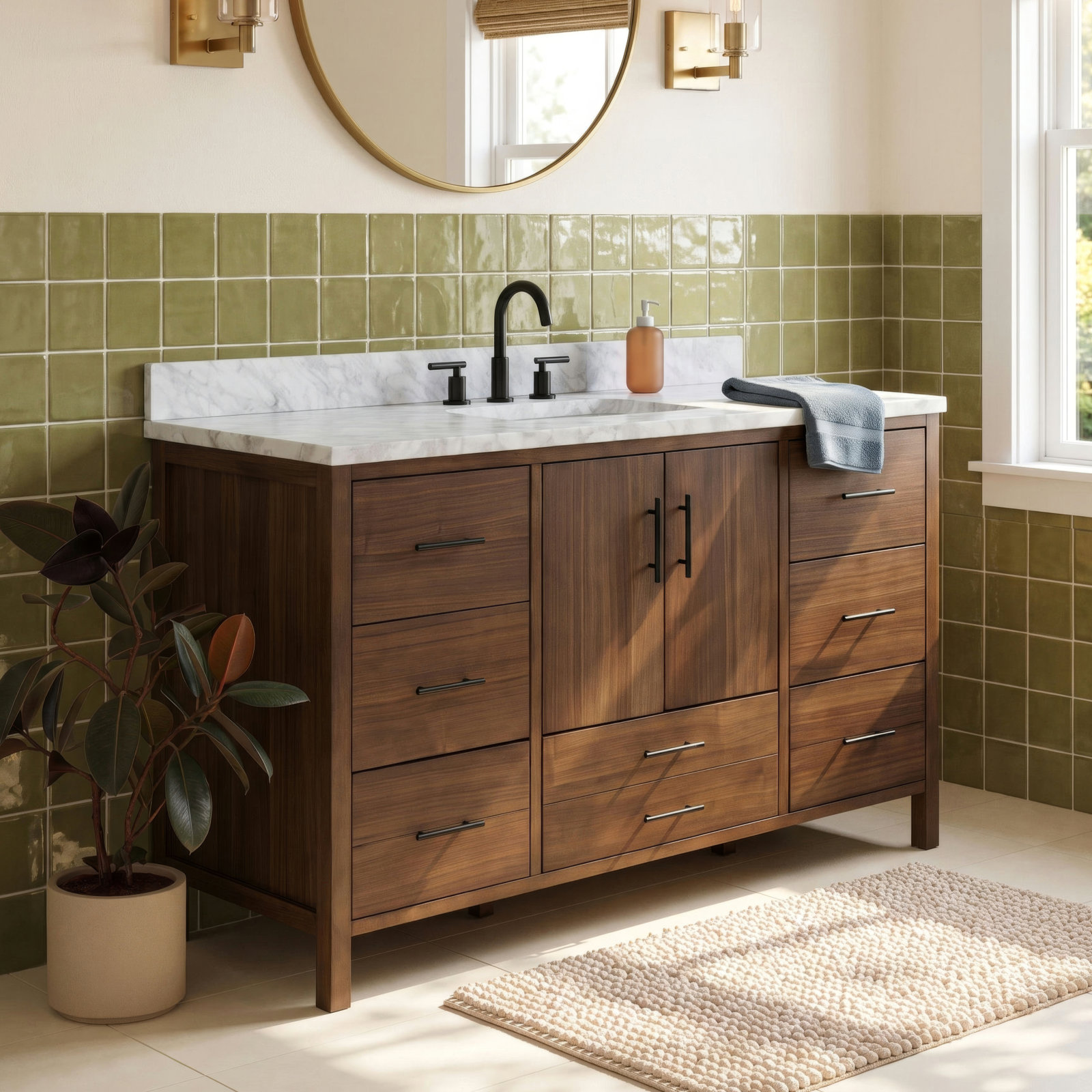 Kiara 60'' Single Bathroom Vanity, Walnut Veneer, Carrara Marble