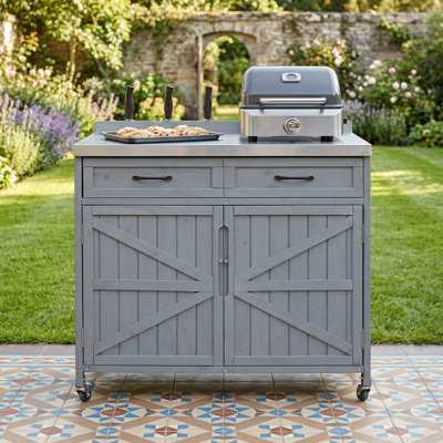 Îlot de cuisine de 39,4 po avec plateau en acier inoxydable, armoire de rangement avec un grand tiroir, tablettes réglables, tablettes de rangement internes et 4 roulettes pour la préparation de pizzas, gris-bleu