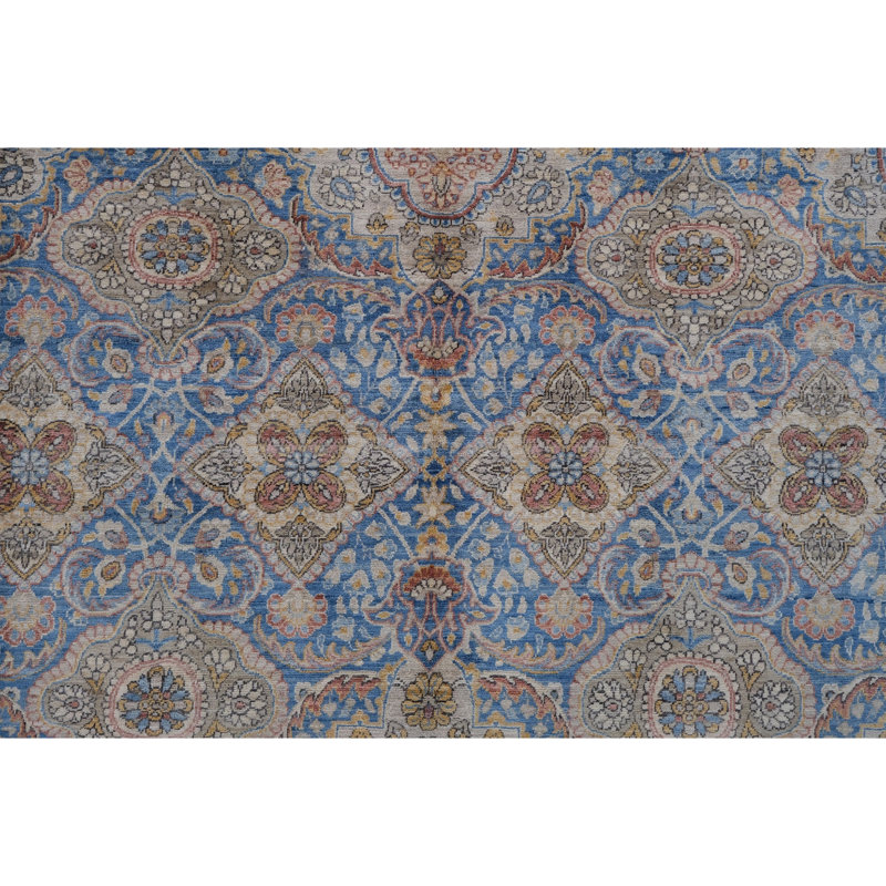 Hand Knotted Wool Area Rug in Blue And Beige