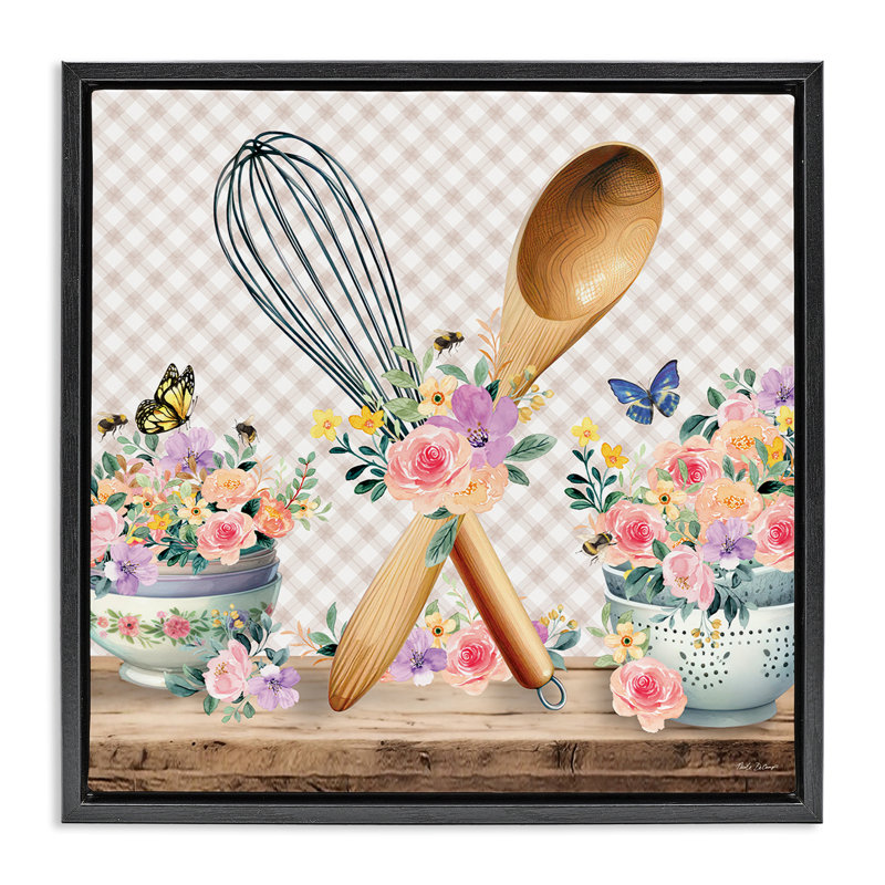 «Crossed Utensils on Gingham Floater», art mural sur toile par Nicole DeCamp, Cadre flottant noir de jais, H 18 po x l 18 po