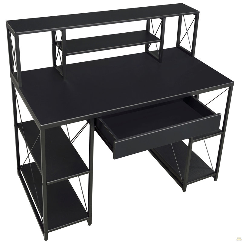 Bureau noir avec tablettes ouvertes et huche, Noir