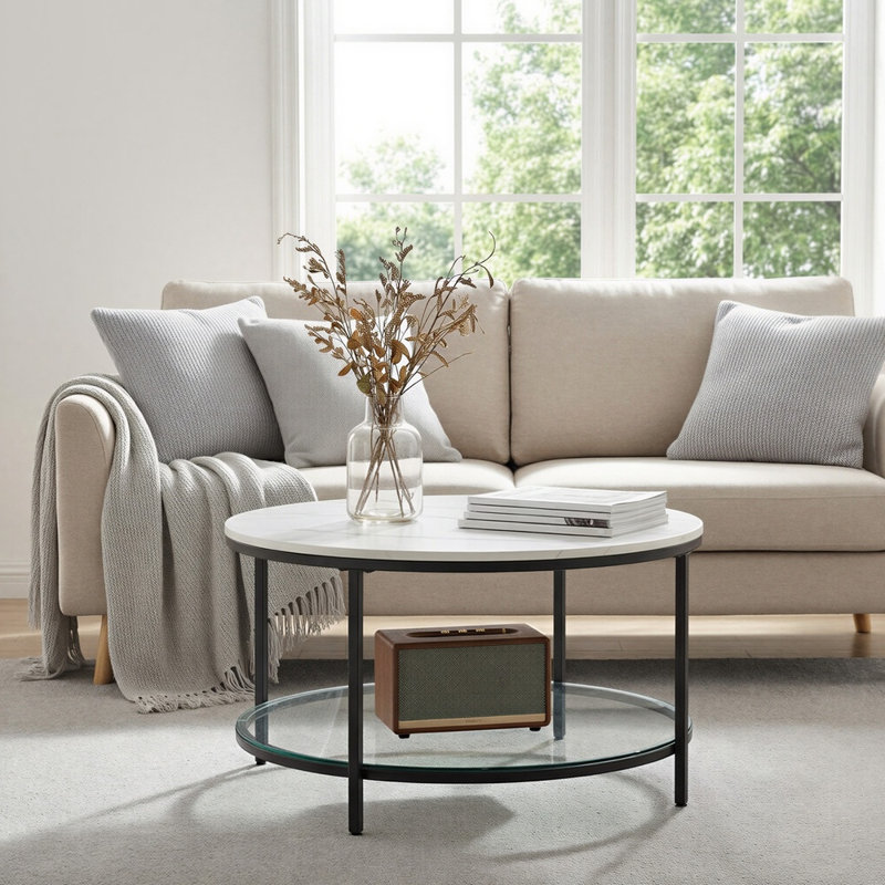 Table basse ronde avec rangement Aubra, Plateau blanc / base noire