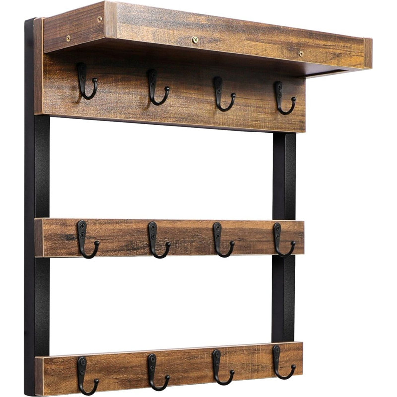 Coffee Mug Rack Wall Mounted, Rustic Wood Cups Rack With 12 Hooks And Storage Shelf, For Home Kitchen Display And Collection (Rustic Brown)