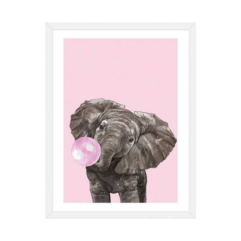 Art d’éléphant de gomme à bulles, H 32 po x l 24 po x P 1 po, Papier avec cadre blanc