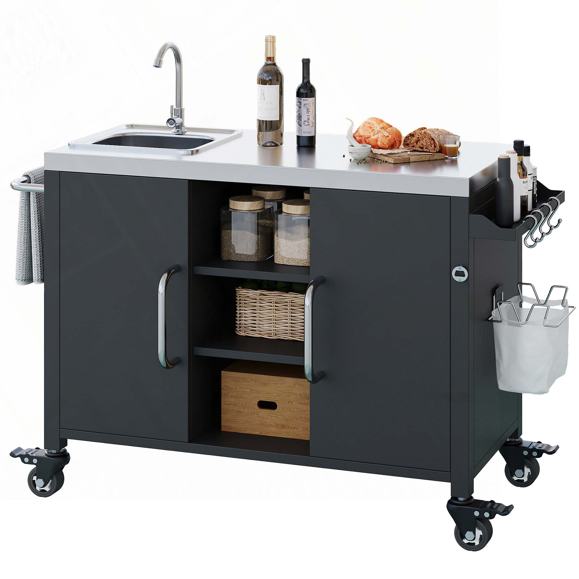 55.5" Outdoor Kitchen Island With Sink & Grill Cart - 304 Stainless Steel Sink, Locking Wheels, Spice Rack, Black