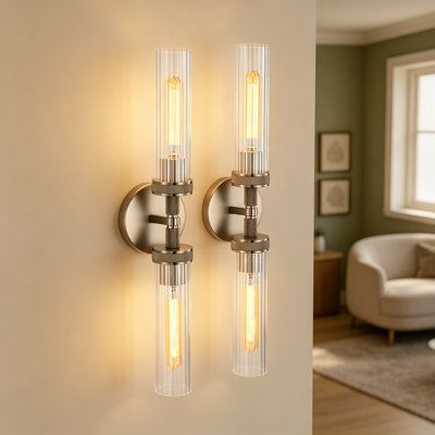 2-Light Brushed Nickel Vanity Wall Lights Set Of 2, Hardwired Bathroom Light Fixtures With Rippled Glass Shades And Chrome Accents, Sconces For Mirror Hallway Bedroom, Textured Metal Body