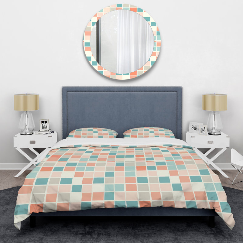 Ensemble de housse de couette géométrique vert et orange, Housse de couette très grand + 2 très grandes ta