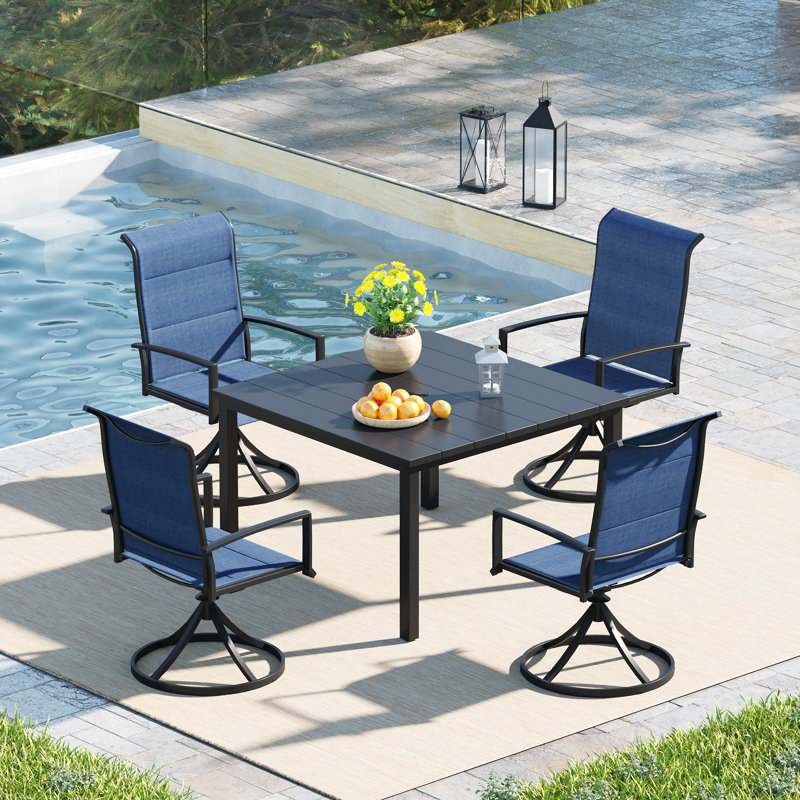 4-Person Patio Dining Set with Square Metal Dining Table and 4 PVC-coated polyester Swivel Chairs , Black/Blue