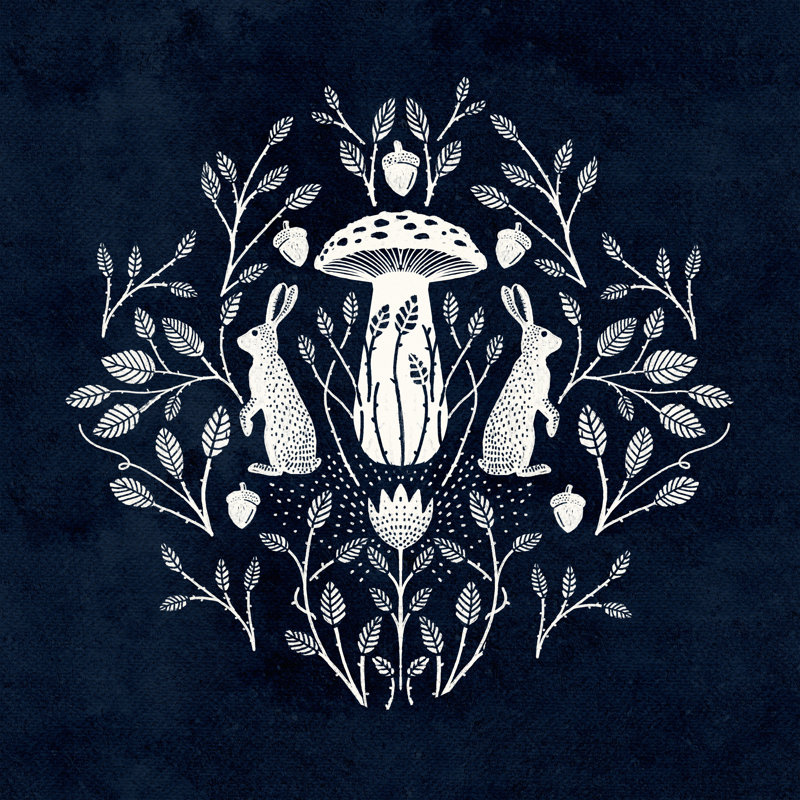 Rabbits And Mushrooms II by Katie O'Shea - Wrapped Canvas Print, 30 cm H x 30 cm W