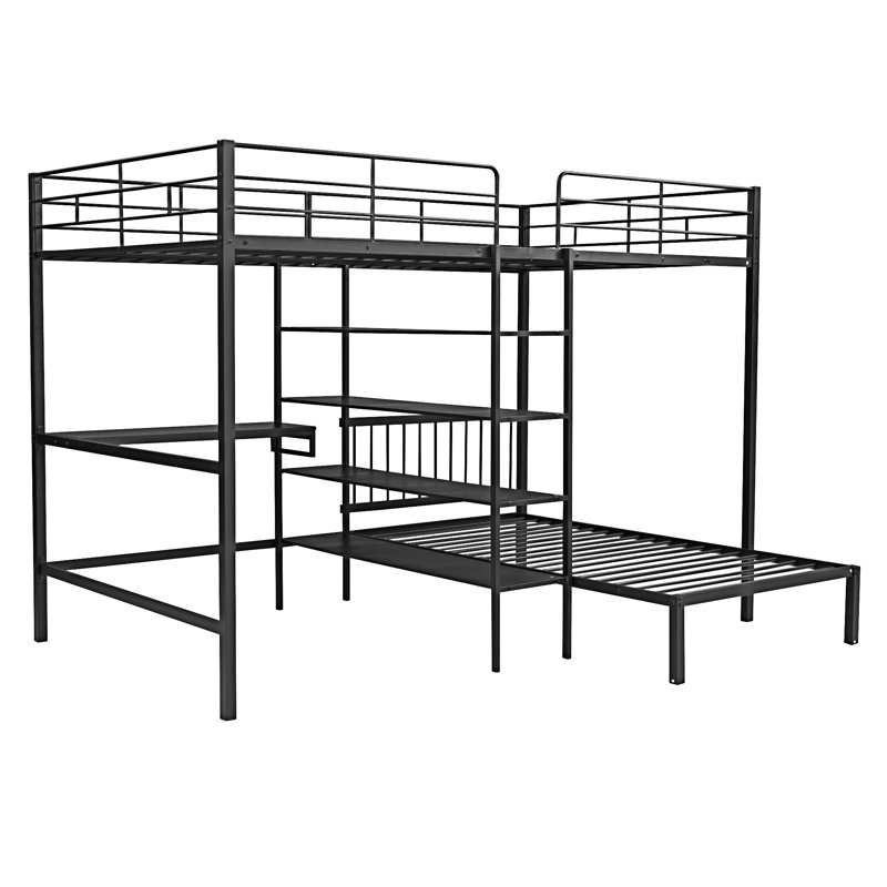 Lit superposé en métal avec bureau intégré, Noir