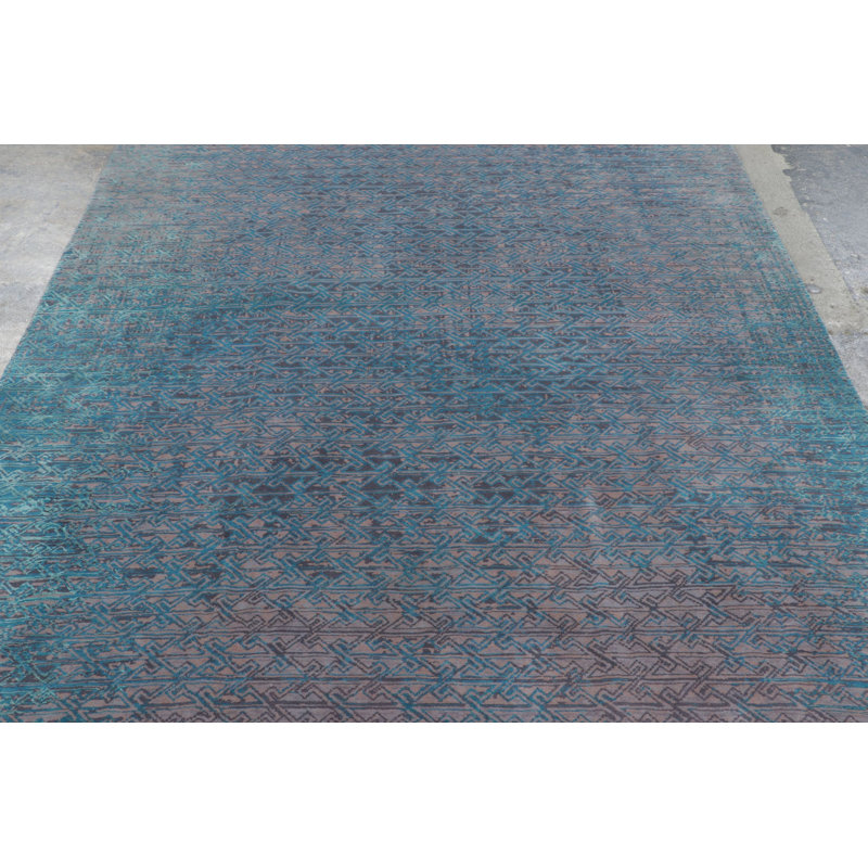 Rug & Kilim’S Distressed Contemporary Rug With Greek Key Lattice In Blue Hues