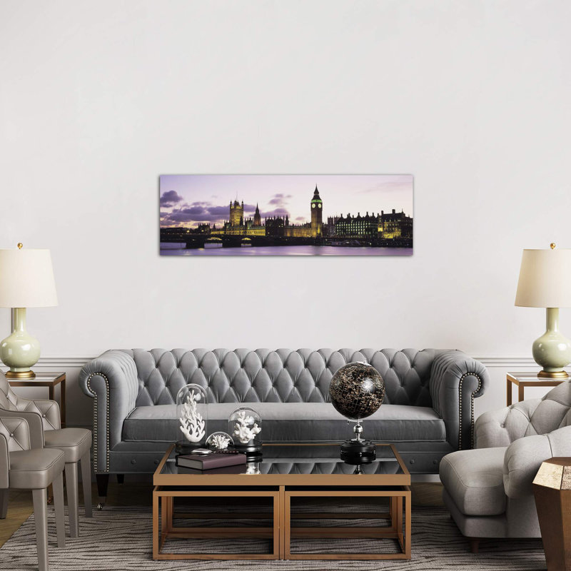 Buildings Lit Up At DuskBig Ben, Houses Of Parliament, Thames River, City Of Westminster, London, England - No Frame Panoramic Print on Canvas