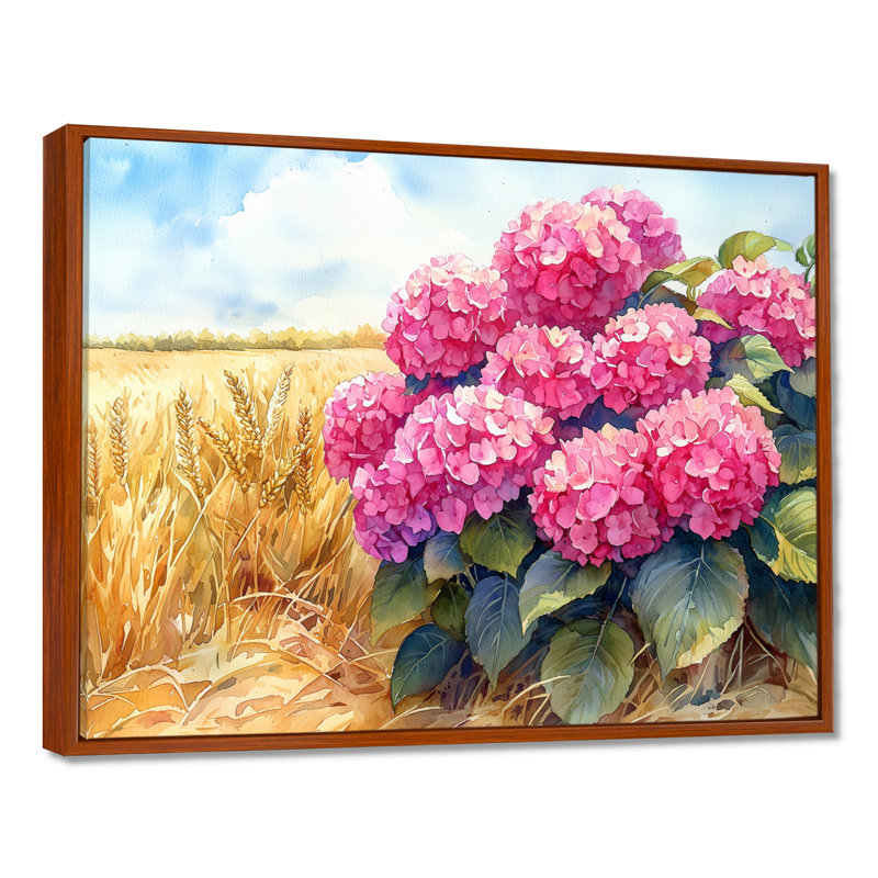 Hortensias dans le champ de céréales I - hydrangées, art mural, Brun, Impression encadrée flottante, H 24 po x l 32 po
