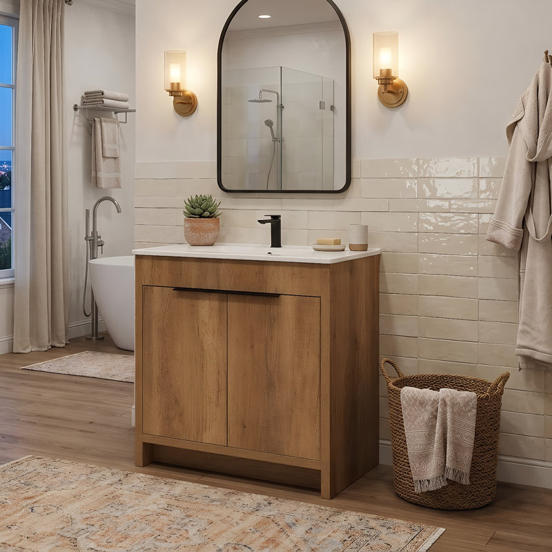 Meuble-lavabo moderne cannelé 30 po avec évier intégré en céramique, armoire en panneau de fibres à densité moyenne avec 2 tiroirs (chêne doré)