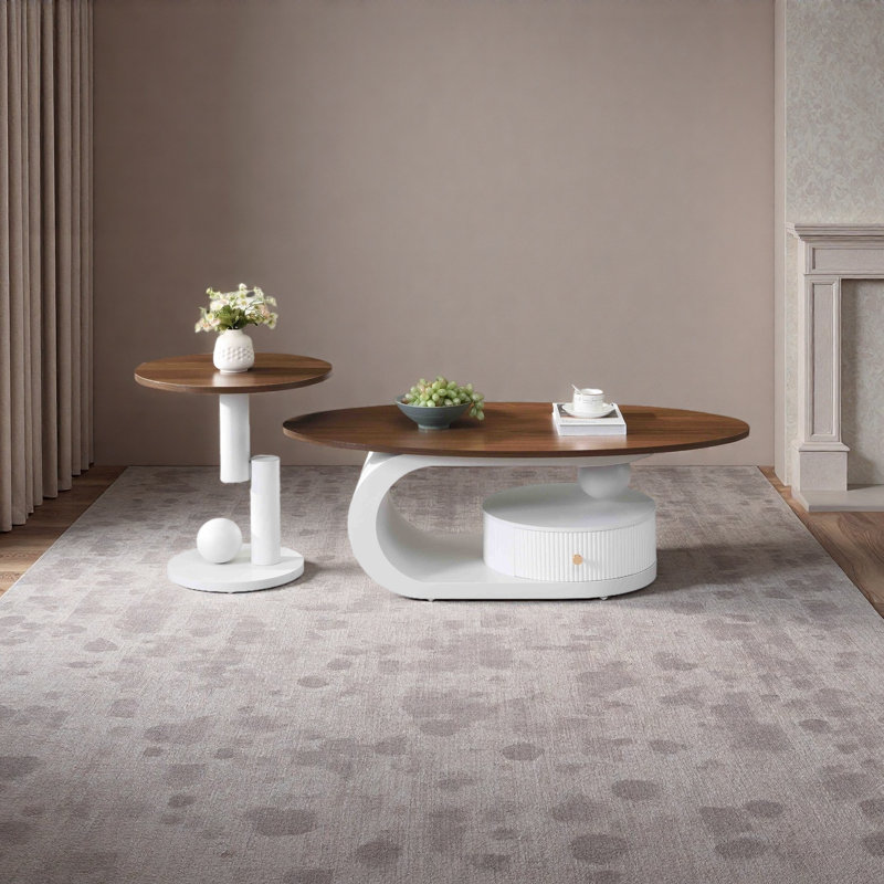 Ensemble de 2 tables de bout Modern Modern, Bois, Dessus en noyer / base blanche