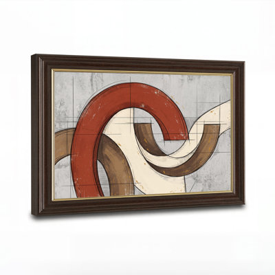 Toile murale abstraite aux formes courbes rouille et crème avec des lignes de quadrillage noires