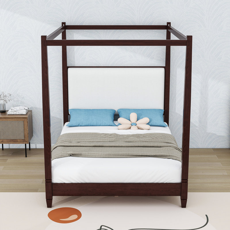 Lit à baldaquin avec tête de lit tapissier et pieds centraux, Grand lit, Espresso