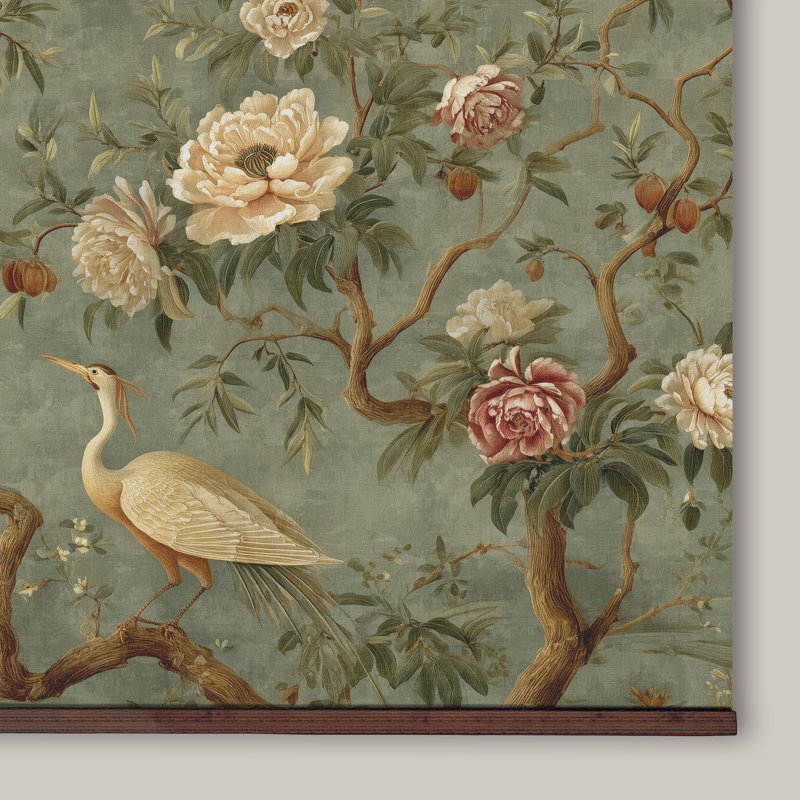 Vintage Chinoiserie Floral Tapestry Wall Art – Extra Large Ready-to-Hang Canvas with Wood Hanger Bars, 45" H x 73" W
