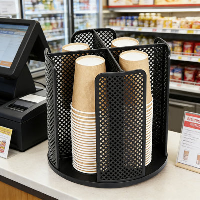 Organisateur de tasses et couvercles rotatifs à 360 degrés avec 4 compartiments, distributeur de comptoir peu encombrant pour gobelets en papier, tasses et couvercles, rangement polyvalent pour la cuisine, la salle de bain, le bureau et le café