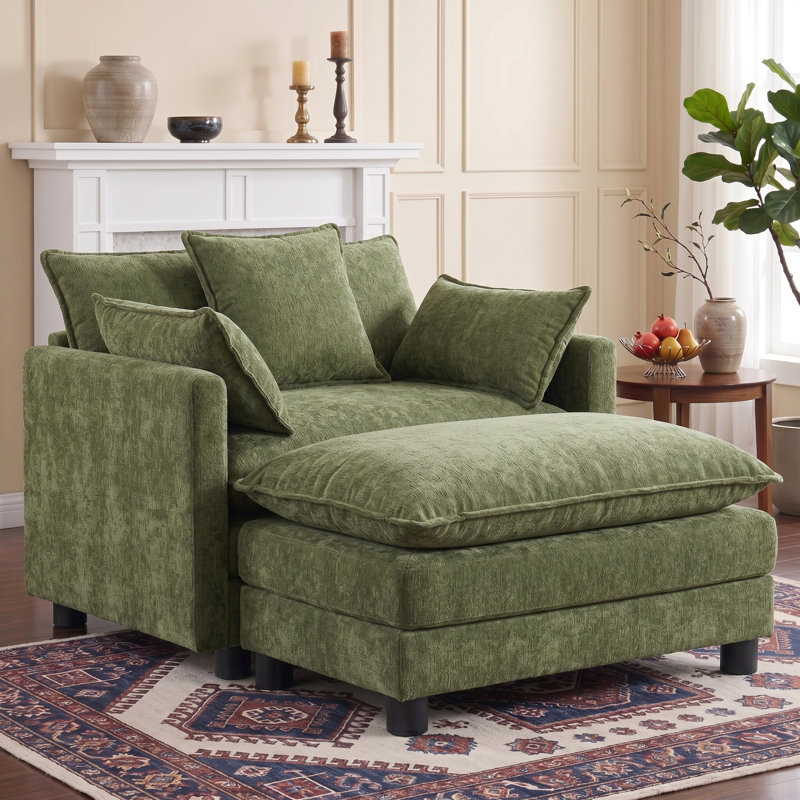Fauteuil d'appoint surdimensionné en chenille avec repose-pieds, Vert